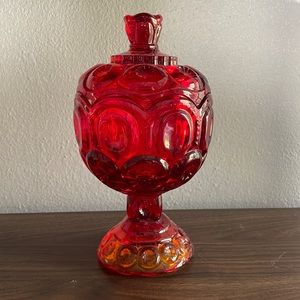 Vintage Smith Amberina Red Orange Glass Moon and Stars Small 8” Compote with Lid